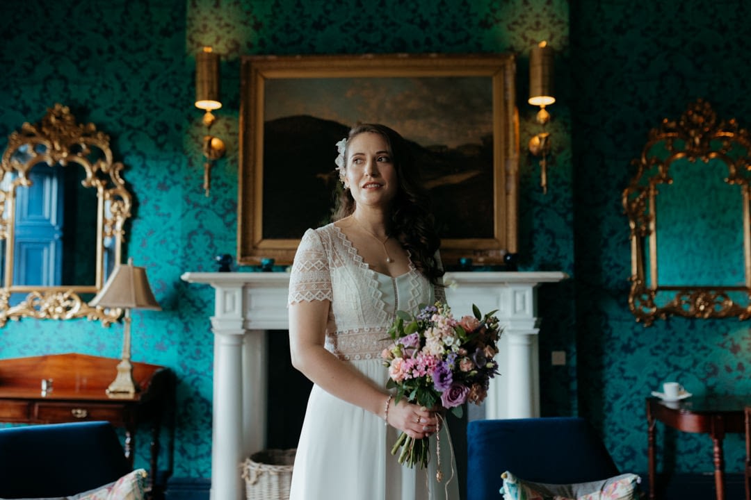 Bride in the living room of Boyne Hill House