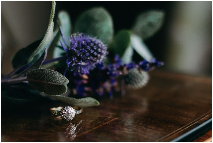 Beautiful vintage engagement ring with boho thistle buttonhole 