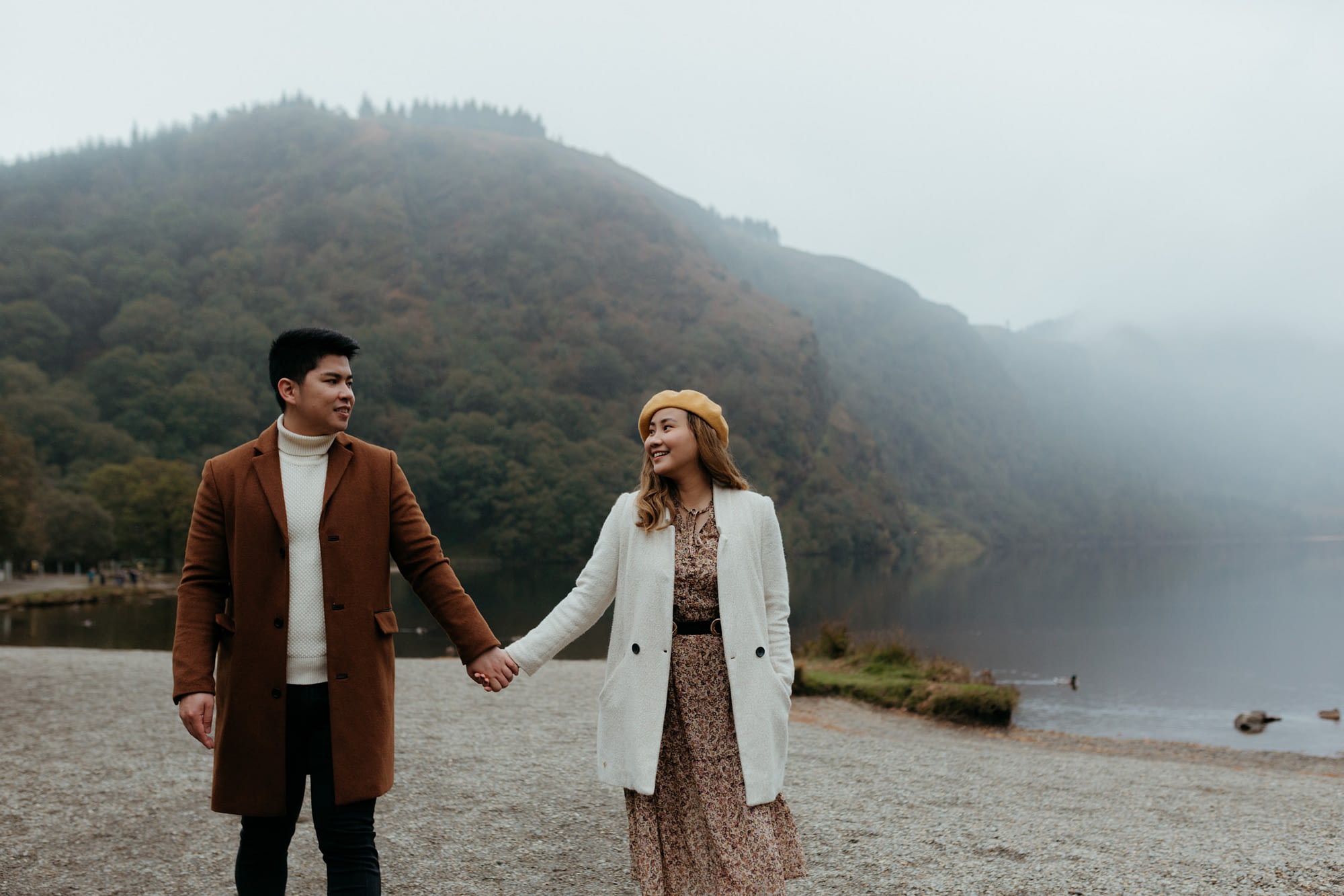 Moody misty Autumn engagements shoot by the lake in Glendalough. 
